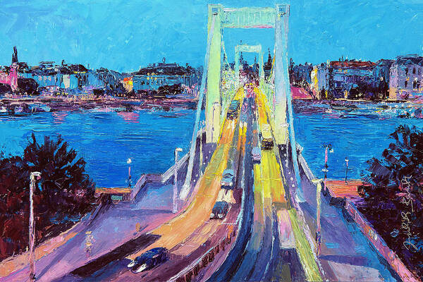 Cityscape Poster featuring the painting Traffic on Elisabeth Bridge at Dusk by Judith Barath