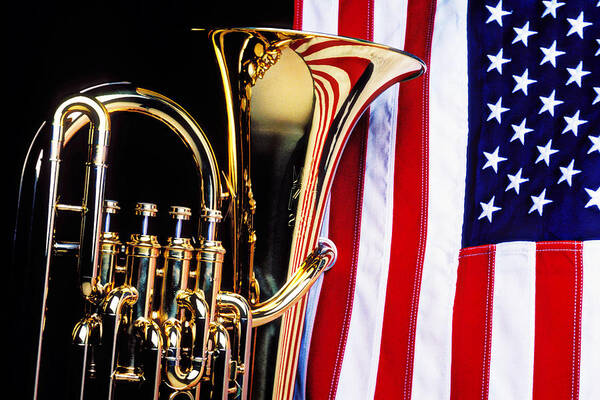 Tuba Poster featuring the photograph Tuba and American flag by Garry Gay