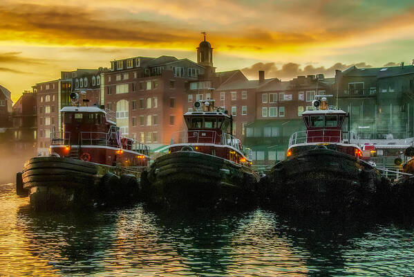 New England Poster featuring the photograph Tugboats in Portsmouth Harbor at Dawn by Thomas Lavoie