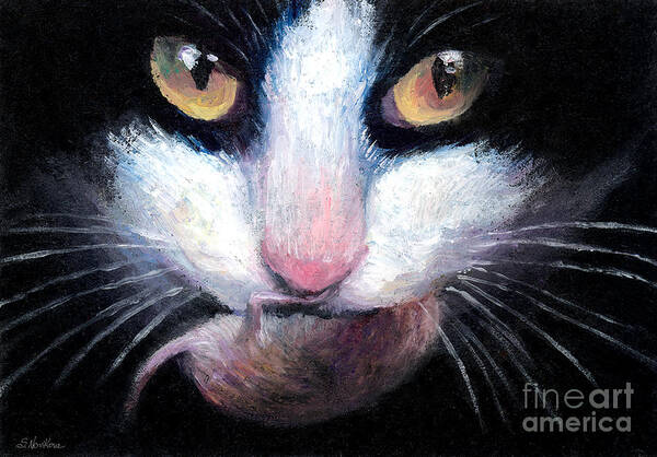 Tuxedo Cat Poster featuring the painting Tuxedo cat with mouse by Svetlana Novikova