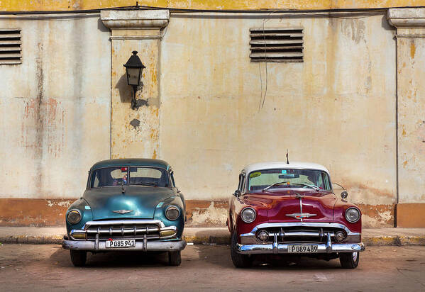 Old Poster featuring the photograph Two Old Vintage Chevys Havana Cuba by Charles Harden