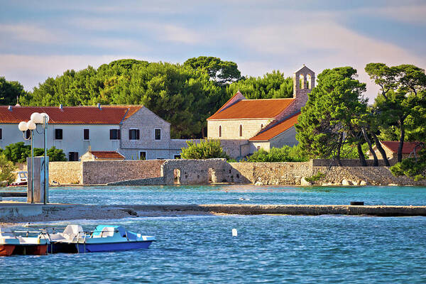 Ugljan Poster featuring the photograph Ugljan island village old church and beach view by Brch Photography