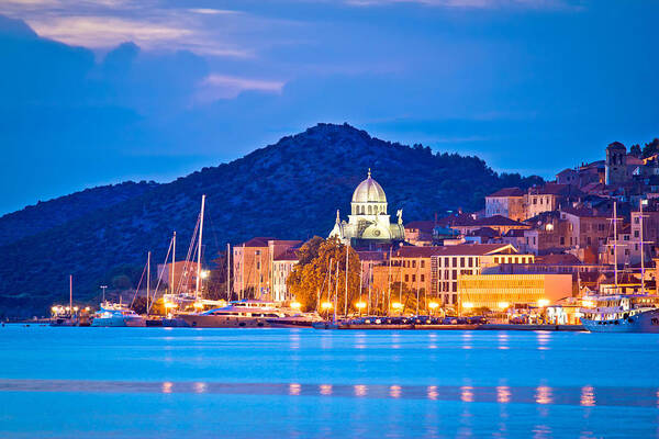 Unesco Poster featuring the photograph UNESCO town of Sibenik blue hour view by Brch Photography