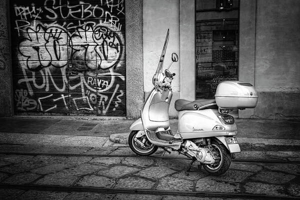 Vespa Poster featuring the photograph Vespa Scooter in Milan Italy in Black and White by Carol Japp