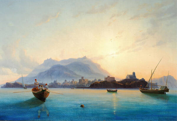 View of Italy with fishermen in their boats off the coast Poster by Edmund  Hottenroth - Pixels