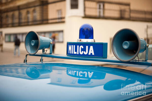 125p Poster featuring the photograph Vintage blue Militia car cherry by Arletta Cwalina