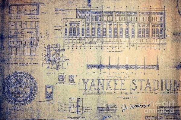 Joe Dimaggio Poster featuring the drawing 1920s Vintage Yankee Stadium Blueprint by Peter Ogden