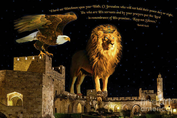 King Poster featuring the digital art Watchman Eagle and Lion by Constance Woods