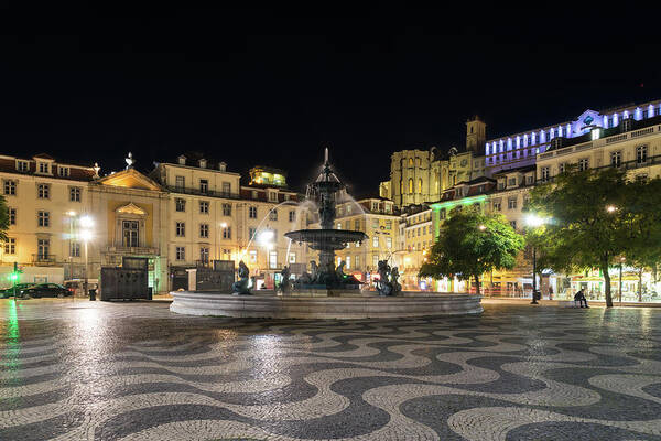 Georgia Mizuleva Poster featuring the photograph Waves and Lights - Rossio Square in Lisbon Portugal at Night by Georgia Mizuleva