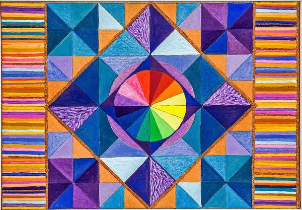 Geometric Abstract Painting With Rainbow Center. Poster featuring the painting Weaving by Sandy Thurlow