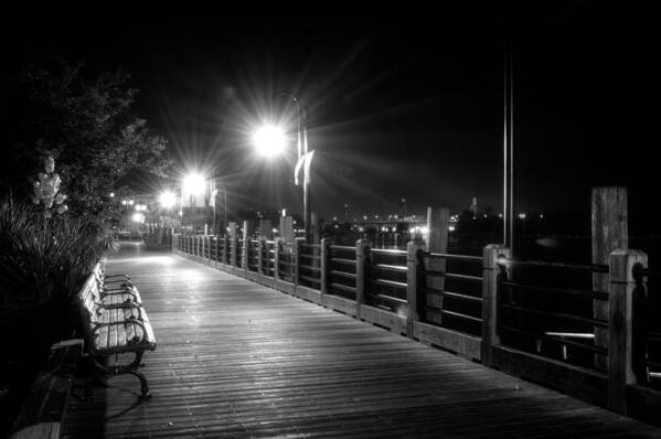 Riverwalk Poster featuring the photograph Wilmington Riverwalk At Night in Black and White by Greg and Chrystal Mimbs