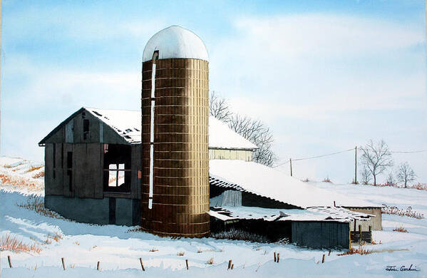 Winter Poster featuring the painting Winter Barn and Silo by Jim Gerkin