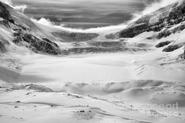 Columbia Icefield Poster featuring the photograph WInter Blues Over The Athabasca Glacier Black And White by Adam Jewell