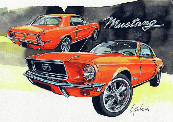 Ford Poster featuring the painting Ford Mustang orange #1 by Yoshiharu Miyakawa