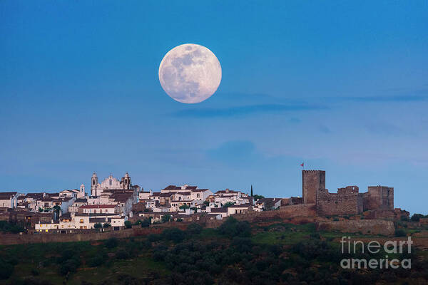 Moon Poster featuring the photograph Full Moon Over Portuguese Village #1 by Miguel Claro/science Photo Library