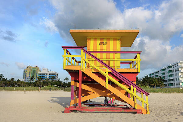 Empty Poster featuring the photograph Lifeguard Hut On Miami Beach At Sunrise #1 by Pidjoe