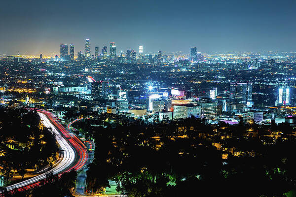 Scenics Poster featuring the photograph Los Angeles Night Cityscape #1 by Deimagine