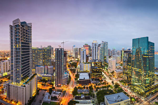 Cityscape Poster featuring the photograph Miami, Florida, Usa Downtown Nightt #1 by Sean Pavone