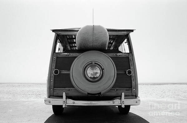 1950-1959 Poster featuring the photograph Old Woodie Station Wagon With Surfboard #1 by Skodonnell
