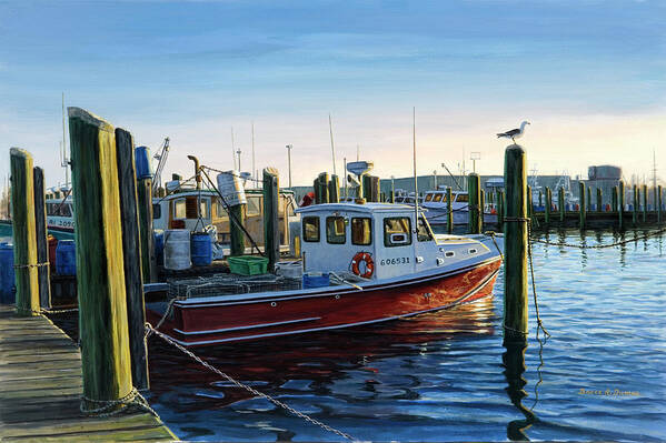 Fishing Boats At A Dock Poster featuring the painting Red Boat At Galilee #1 by Bruce Dumas
