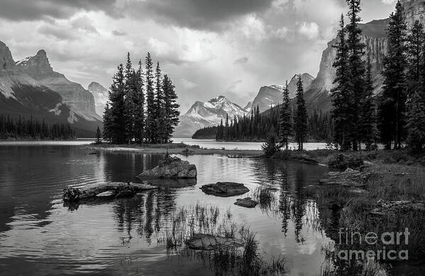 Black And White Poster featuring the photograph Spirit Island Canada #1 by Chris Scroggins