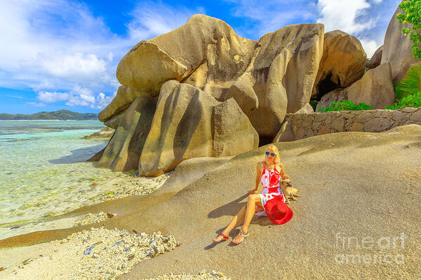 Anse Source Dargent Poster featuring the photograph Tourist woman at Seychelles #1 by Benny Marty