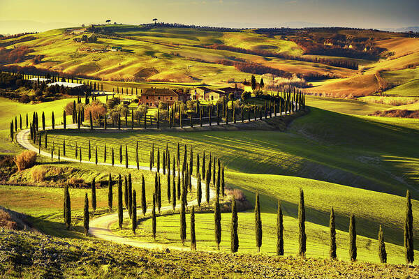 Tuscany Poster featuring the photograph Tuscany, Crete Senesi rural sunset landscape. Countryside farm, #1 by Stefano Orazzini