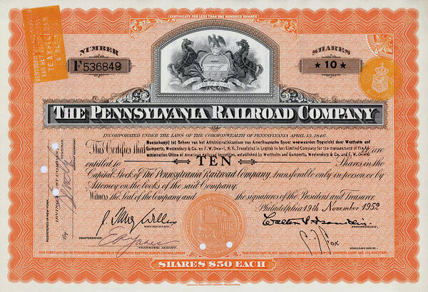 Prr Poster featuring the photograph 10 Shares of Pennsylvania Railroad Stock - Large by Paul W Faust - Impressions of Light