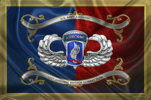 Military Insignia & Heraldry By Serge Averbukh Poster featuring the digital art 173rd Airborne Brigade Combat Team - 173rd A B C T Insignia with Parachutist Badge over Flag by Serge Averbukh
