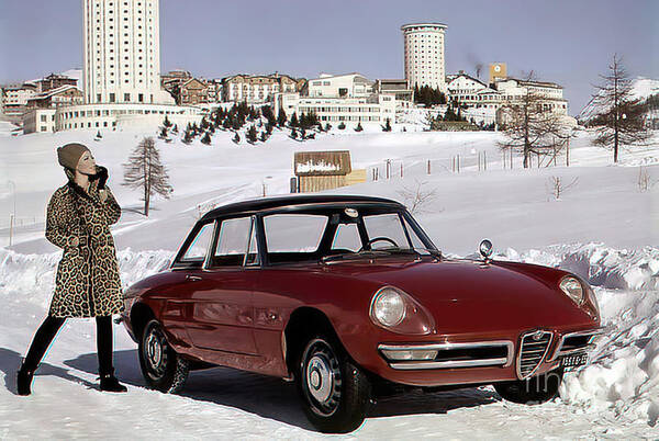Vintage Poster featuring the photograph 1955 Alfa Romeo With Fashion Model In Snow Setting by Retrographs