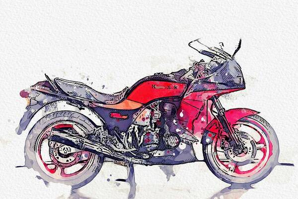 Bicycle Poster featuring the painting 1984 Kawasaki GPZ 750 R 4 watercolor by Ahmet Asar by Celestial Images