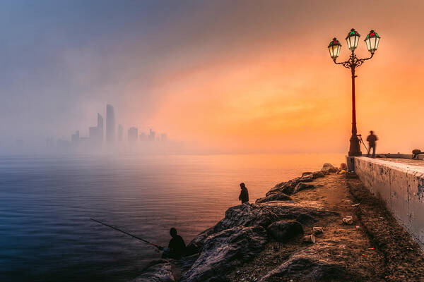 Abu Poster featuring the photograph Abu Dhabi Cityscape - Foggy Morning #2 by Mohamed Kazzaz