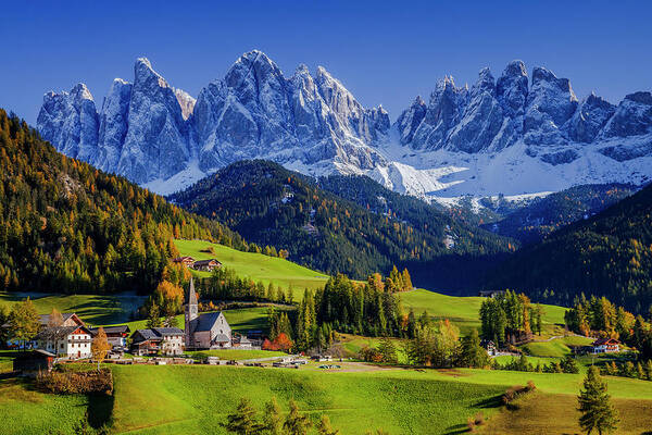 Estock Poster featuring the digital art Alps, Val Di Funes, Autumn, Italy #2 by Davide Erbetta
