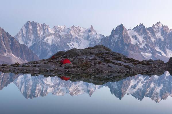 Landscape Poster featuring the photograph Red Tent On Lac Blanc Lake Coast #2 by Ivan Kmit