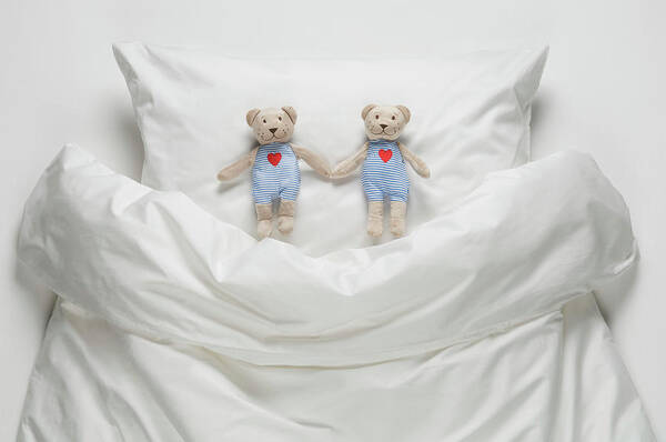 Two Objects Poster featuring the photograph Teddy Bear On Bed #2 by Westend61