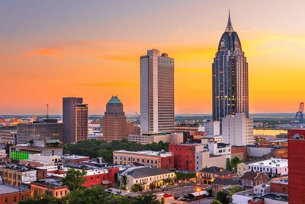 Landscape Poster featuring the photograph Mobile, Alabama, Usa Downtown Skyline #3 by Sean Pavone