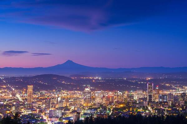 Landscape Poster featuring the photograph Portland, Oregon, Usa Skyline At Dusk #3 by Sean Pavone