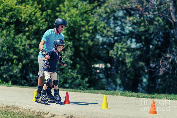 Roller Poster featuring the photograph Grandfather Teaching Grandson To Roller Skate #6 by Microgen Images/science Photo Library