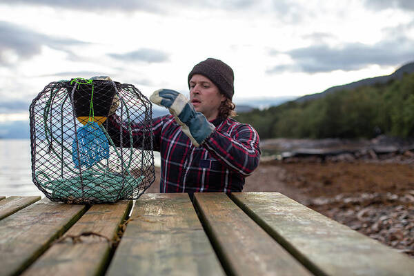 Male Poster featuring the photograph A Norwegian Fisherman Inspects His Crab Pot by Cavan Images