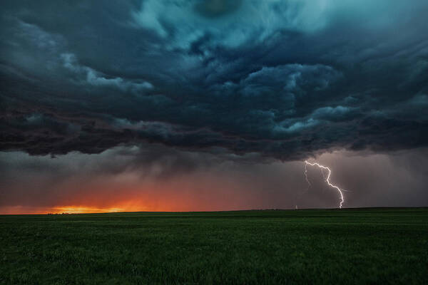 Hitting Poster featuring the photograph Asperatus Clouds In Sunset And Cloud-to-ground Lightning Bolt, Ogallala, Nebraska, Us by Jason Persoff Stormdoctor