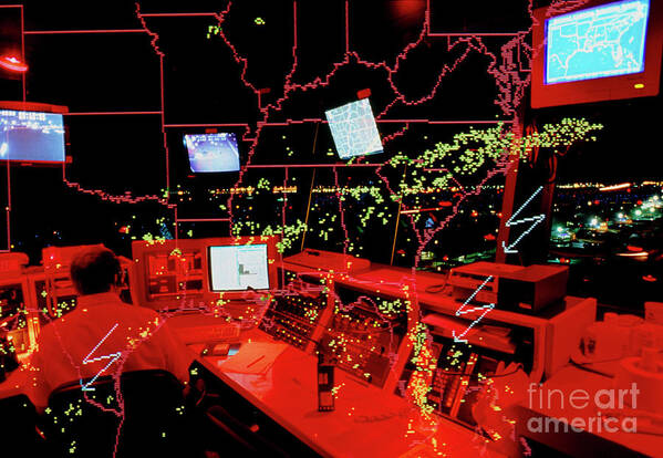 Air Traffic Control Poster featuring the photograph Atc Tower With Lightning Detection Network Data by Peter Menzel/science Photo Library