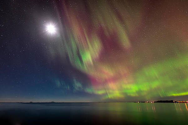 Aurora Poster featuring the photograph Aurora Borealis With Moon by Zaheer Khan