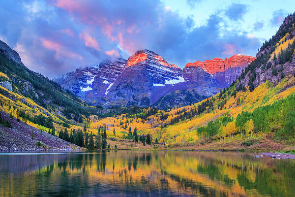 Scenics Poster featuring the photograph Autumn Colors At Maroon Bells And Lake by Dszc