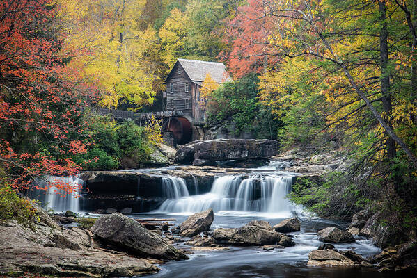 Landscape Poster featuring the photograph Babcock State Park WV Autumn Grist Mill and Waterfall by Robert Stephens