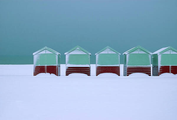 Five Objects Poster featuring the photograph Beach Huts In Snow On Hove Seafront by Laurence Cartwright Photography