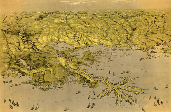 Cartographic Poster featuring the painting Birds eye view of Louisiana, Mississippi, Alabama and part of Florida - 1861 by Unknown