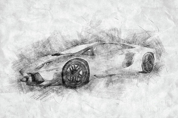 Car Poster featuring the photograph Black and white drawing of sports car. by Michal Bednarek