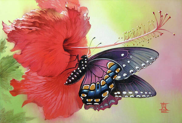 Russian Artists New Wave Poster featuring the painting Black Swallowtail on Red Hibiscus by Alina Oseeva