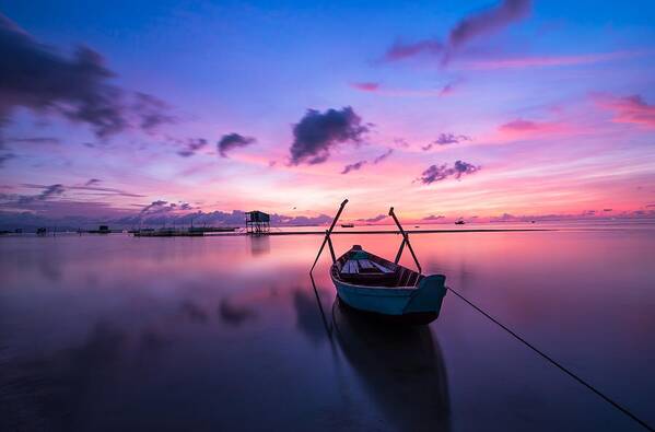 Landscape Poster featuring the photograph Boat under the sunset by Top Wallpapers