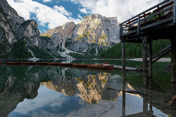 Lago De Braies Poster featuring the photograph Boathouse at Lago Di Braies by Jon Glaser